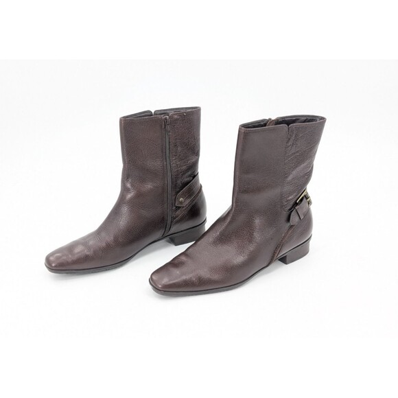 Talbots Layla Chocolate Brown Leather Low-Heel Square Toe Buckle Boots Size 7 - Picture 2 of 8